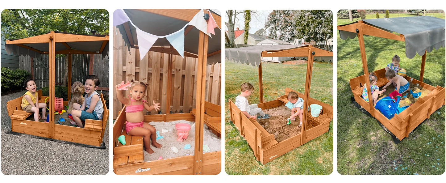 Outdoor Sandbox for Kids with Retractable Roof, Foldable Bench Seats & Cover – Durable Wooden Playset for Active Children