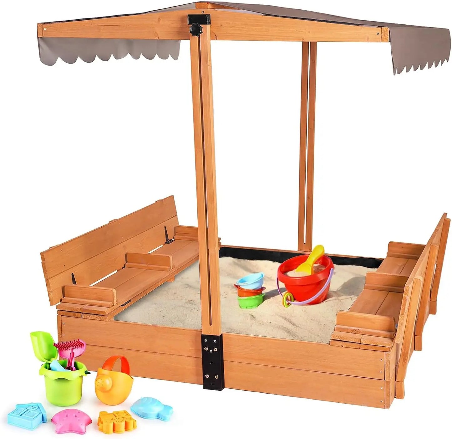 Outdoor Sandbox for Kids with Retractable Roof, Foldable Bench Seats & Cover – Durable Wooden Playset for Active Children