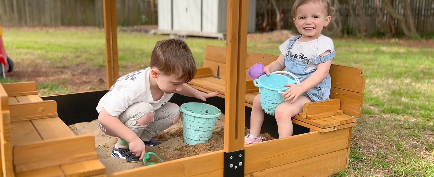 Outdoor Sandbox for Kids with Retractable Roof, Foldable Bench Seats & Cover – Durable Wooden Playset for Active Children