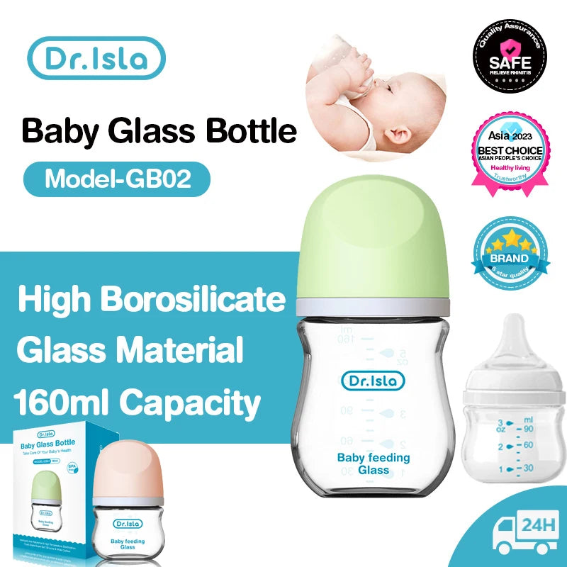 Dr.isla Anti-Choke Baby Glass Bottle – BPA-Free, Anti-Colic Feeding Bottle for Newborns (90/160ML) – Gentle & Safe for Your Little One