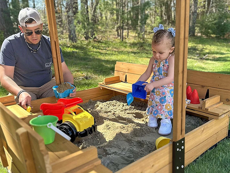 Outdoor Sandbox for Kids with Retractable Roof, Foldable Bench Seats & Cover – Durable Wooden Playset for Active Children