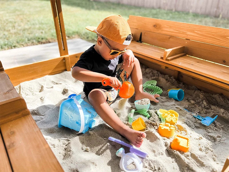 Outdoor Sandbox for Kids with Retractable Roof, Foldable Bench Seats & Cover – Durable Wooden Playset for Active Children