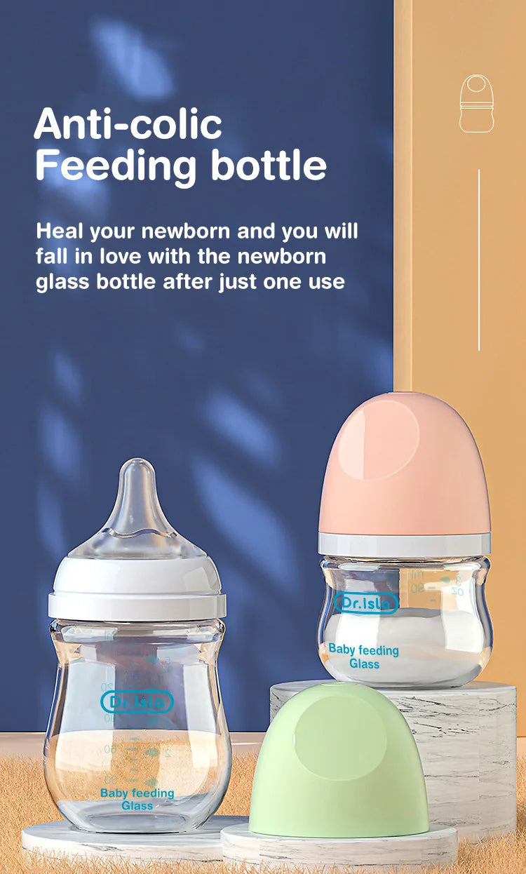 Dr.isla Anti-Choke Baby Glass Bottle – BPA-Free, Anti-Colic Feeding Bottle for Newborns (90/160ML) – Gentle & Safe for Your Little One