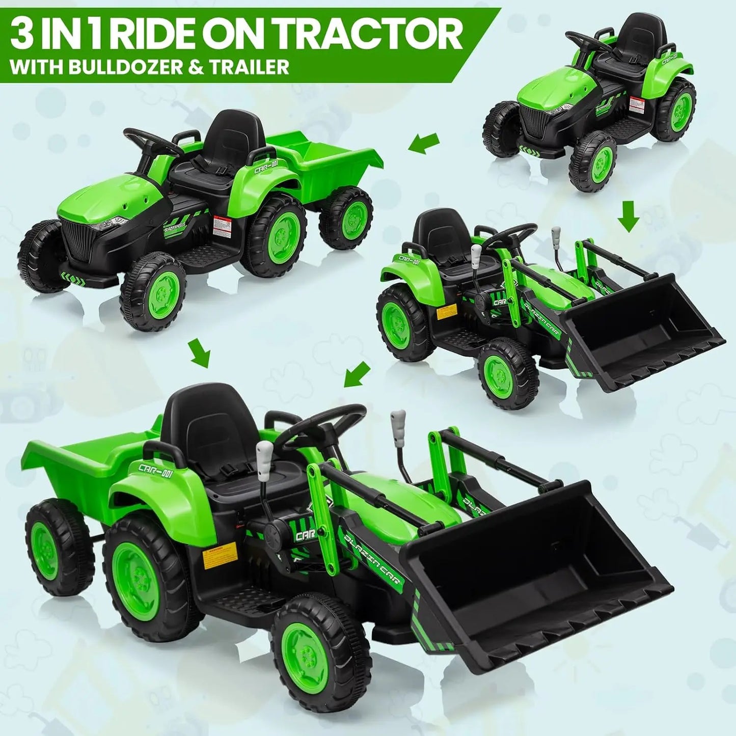 12V Ride-on Tractor for Toddlers with Detachable Trailer – Kids Electric Bulldozer Toy with Remote Control – Perfect for Outdoor Play