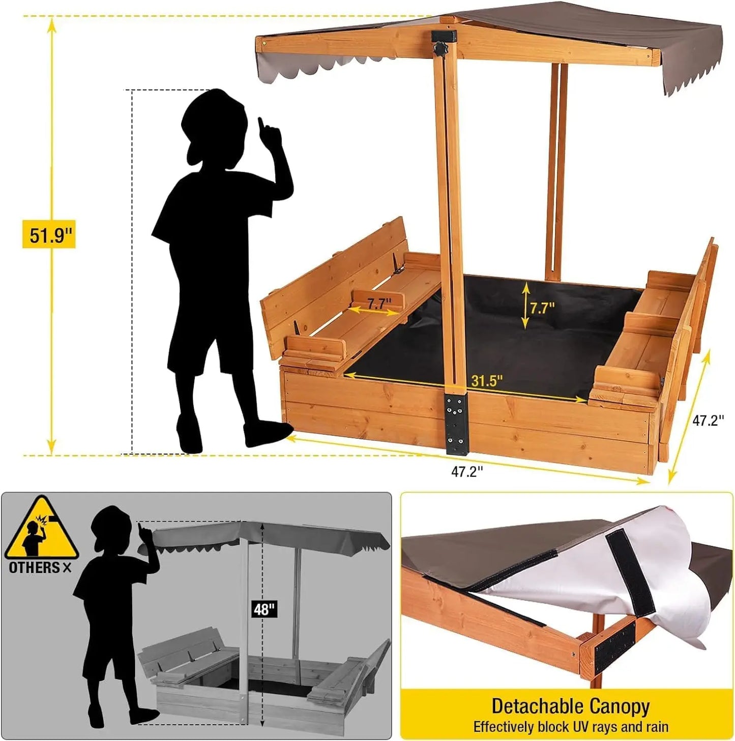 Outdoor Sandbox for Kids with Retractable Roof, Foldable Bench Seats & Cover – Durable Wooden Playset for Active Children