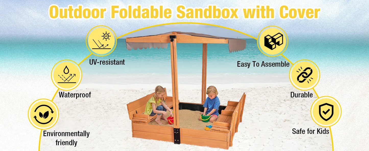 Outdoor Sandbox for Kids with Retractable Roof, Foldable Bench Seats & Cover – Durable Wooden Playset for Active Children