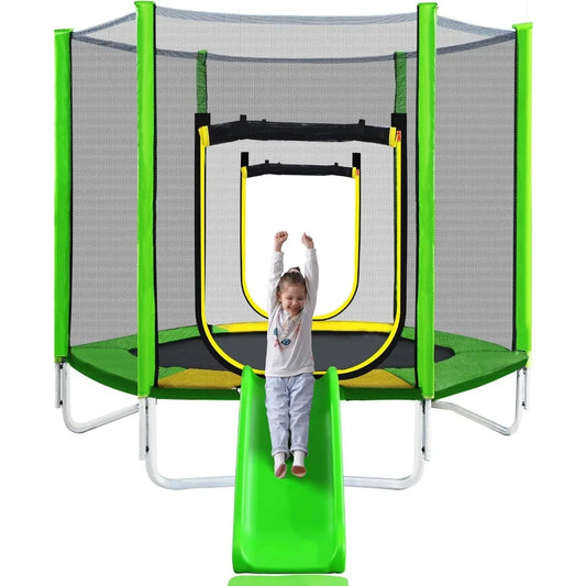 7ft Kids Trampoline with Safety Enclosure, Slide & Ladder – Secure Indoor/Outdoor Toddler Trampoline with Climb ‘n Slide Design