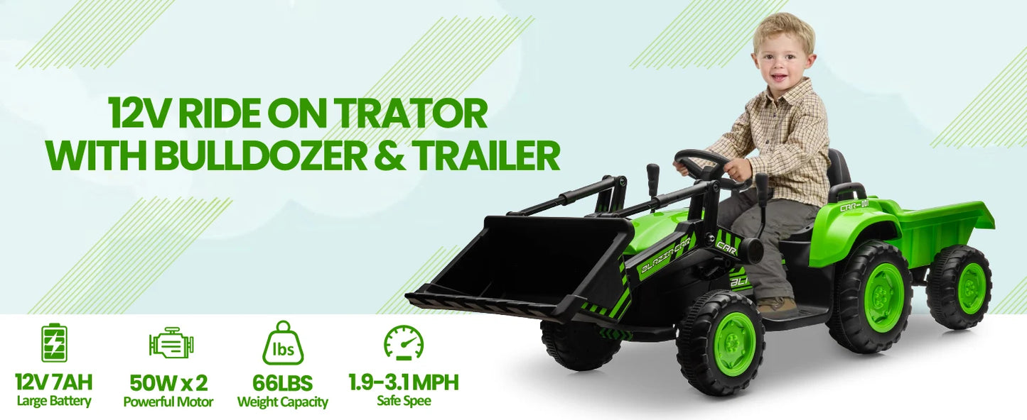 12V Ride-on Tractor for Toddlers with Detachable Trailer – Kids Electric Bulldozer Toy with Remote Control – Perfect for Outdoor Play