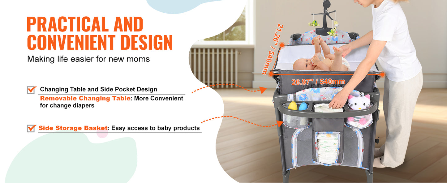 VEVOR Baby Bassinet 77 pounds Load Capacity Easy to Fold Portable Baby Bassinet Bedside Sleeper with Storage Basket and Wheels